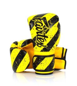 Fairtex Grunge Art Boxing Gloves BGV14Y. Yellow boxing gloves with thick, diagonal black stripes.