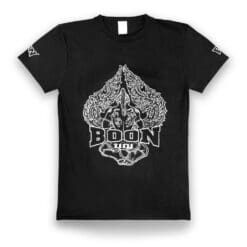 Boon Black Muay Thai T shirt with white Nak muay print